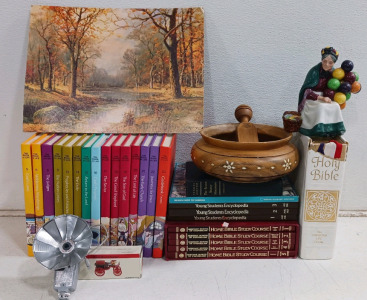 (1) Vintage Soligor Flash Unit (1) Bible Story Book Set (1) Holy Bible (1) Ancient Kauri Wooden Bowl w/ Pestle (1) Figurine (1) Painting & More