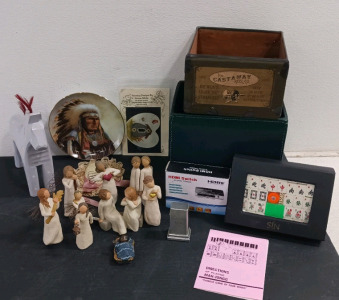 (14) Mixed Collectibles and Decor - (1) Nativity Figurines Set (1) Native American Plate (1) Castaway Reel Box (1) Mahjong Set - New! (10) Assorted Items
