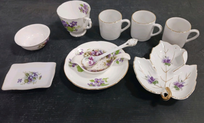 (9) Fine China and Bone China Pieces - (1) Norcrest Tray (1) Adderley Teacup (1) Allyn Nelson Bowl (3) Pier 1 Imports Cups (3) Assorted Floral Pieces