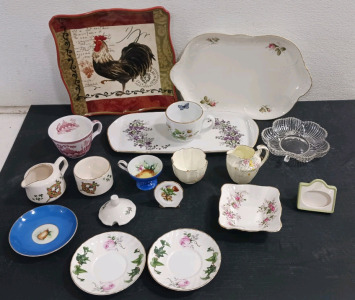 (18) Assorted Decorative Tableware - (1) Rooster Tray (1) Floral Platter (16) Assorted Cups Plates and Bowls