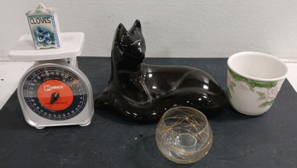 (5) Assorted Decorative and Functional Items - (1) Pelouze Scale (1) Black Cat Figurine (3) Decorative Pieces