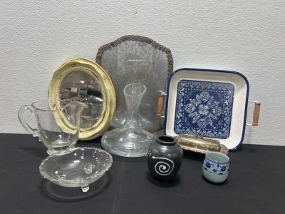 Vintage Vases, Cups, Mirrors, Butter Tray and more