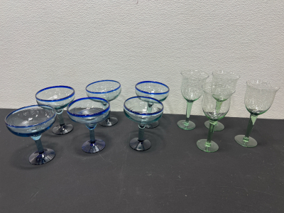 (6) Blue Rim Glasses- (4) Clear Drinking Glasses