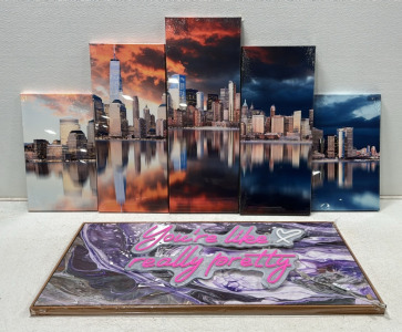 5-Piece Cityscape Canvas Artwork (32” x 12”), Purple and White Abstract Canvas Artwork (40” x 20”), “You’re Like Really Pretty” Pink LED Neon Wall Sign