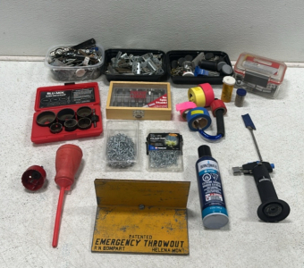 Assortment of Various Fasteners, Hadrware, Drill Bits, Sockets, and Chains, (6) RN Bompary Emergency Throwouts, Porter Cable Bit Set, Blu-Mol Hole Saw Set, (5) Rolls of Multi Color Plastic on Large Carabiner, Butane Torch and Refiller Can