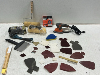 Black & Decker Mouse Handheld Sander, Assortment of Various Sandpaper and Other Sanding Supplies, Bucket of Various Paint Supplies Including Rollers, Scrapers, Mixers, and Much More