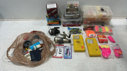 Large Assortment of Various Fishing Supplies Including (2) Reels, Lures, Fishing Line, Supplies for Lure Making, Weights, Hooks, and Much More