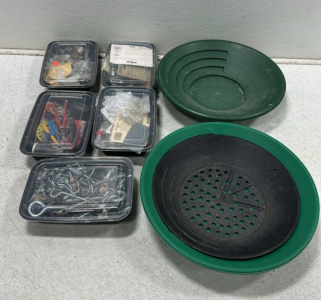 (5) Plastic Bins of Fasteners, Fittings, Small Tools, and More, (2) 14” Plastic Gold Pans, (1) 12” Plastic Gold Pan