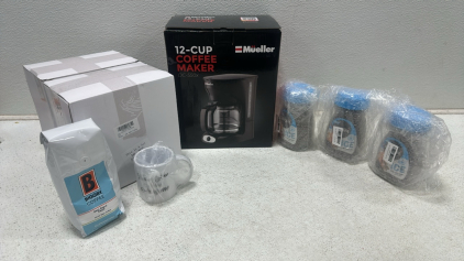 Amazon Overstock- Mueller 12-Cup Coffee Maker, (3) NesCafe Instant Ice Coffee, (2) 4-Piece Thank You Coffee Mug Set, Biggby Coffee Best Blend Decaf