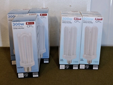 (3) 300W CFL Bulbs, E39 Base, Daylight & (2) 300W CFL Bulbs, Standard Base, Cool White