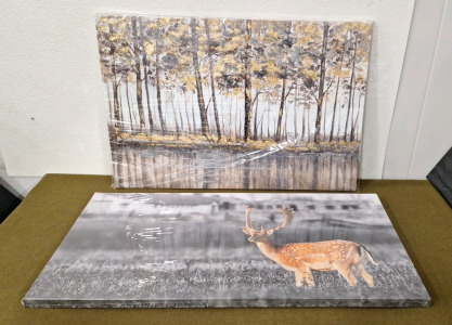 (1) LACHART Gold and Black Abstract Birch Forest Canvas Painting 36" x 24" & (1) Deer In Field Canvas Wall Art Print, 40" x 20"