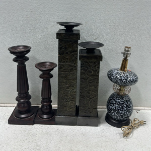 (1) Vintage Mid-Century Table Lamp, (4) Large Ornate Candle Sticks