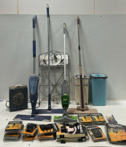 (4) Various Household Pad Mops, (2) Home Mop Buckets, Iron Fencing, Lasalle Electric Heater, Large Assortment of Various Duracell Phone Cases, Ipad Cases, and Phone Cables