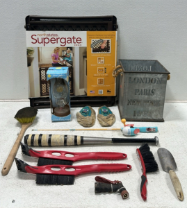 North States Supergate Ergo, London Paris New York 1968 Storage Decor Bin, Lamplight Oil Lamp, 29” Aluminum Baseball Bat, (2) Snow Scrapers, Moana Kids Fishing Pole, Orbit Contractor Hose Sprayer, and More