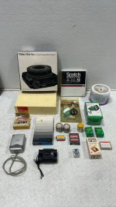 Assortment of Vintage Electronic/Electronics Supplies Including Educational Films, Cameras, Rotary Slide Trays, Battery Operated Sliderviewer, Polaroid 3000 Black and White Film