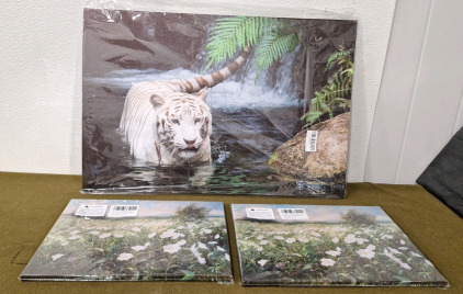 (1) White Tiger Canvas Wall Art Print, 30" x 20" & (2) Flowered Field Canvas Wall Art Prints, 16" x 12"