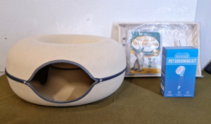 (1) Cat Donut, Cream, (1) Litter Box W/ (1) 4.5-Lb Bag Of Crystal Clean Litter & (1) Pet Grooming Brush