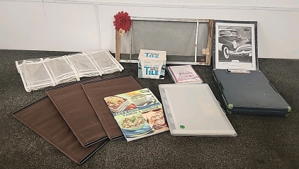 Various items.. Window screen. Picture Frame. Plastic Wall Tile.. Shoe Caddy.. Note Books. Cookbook.. And More...