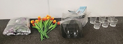 Various Items.. Fake Tulips.. snowmobile face masks 12 small Tester Glasses..