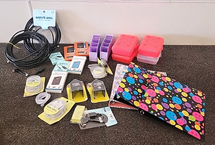 Various Cell Phone Items... Binders Pen and Pencil Organizers ..50' Coax Cable.. 50' Phone Line Cord...