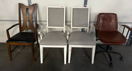 (2) White And Gray Chairs, Brown Roller Chair, Brown Chair