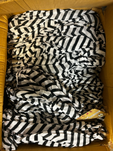 Box Of Black And White Striped Scarfs