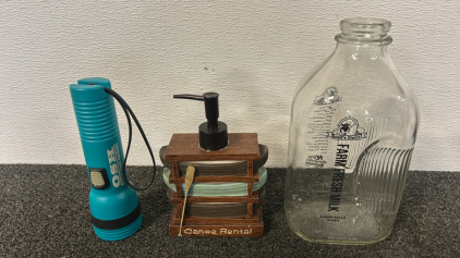 Farm Fresh Milk Jug, Beachy Vibe Soap Dispenser, And OSH Flashlight