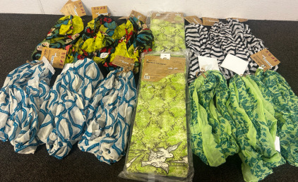 (3) Blue And White Scarfs, (3) Floral Scarfs, (3) Black And White Scarfs, Green Floral Scarf, (10) Green Aprons