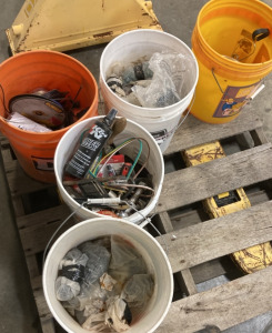 5 GALLON BUCKETS WITH MISCELLANEOUS SCREWS, NAILS, AND HAND TOOLS.