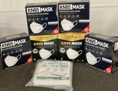 BOXES OF NON-MEDICAL KN95 MASK, HEAVY DUTY MATTRESS BAGS.