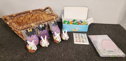 Wicker Basket.. Ceramic Bunnies.. Plastic Eggs and Egg Stuffers.. and Shower Curtain..