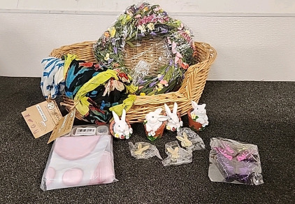 Wicker Basket... LED Easter Wreath.. 2 Infinity Scarfs.. Easter Shower Curtain.. Golden Bunny Drawer Knobs ... Ceramic Bunnies... and Butterfly Hair Pieces..