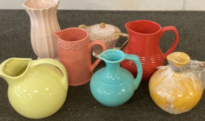 VARIETY OF DECORATIVE PITCHERS, DECORATIVE TEA POT, FLOWER VASE.