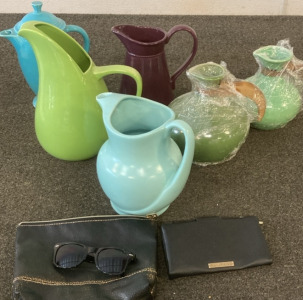 VARIETY IF DECORATIVE PITCHERS, SMALL POUCH AND WOMENS WALLET, SUNGLASSES.