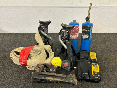 (2) Dewalt Battery Chargers, Pair Of Jack Stands, Propane Fuel Cylinders, Measuring Tapes and More