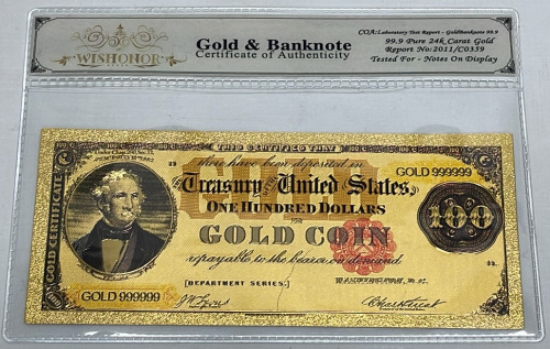 99.9 24k Carat Gold Flake“The Treasury Of The United States” One Hundred Dollars In Gold Coin Banknote W/ C.O.A.