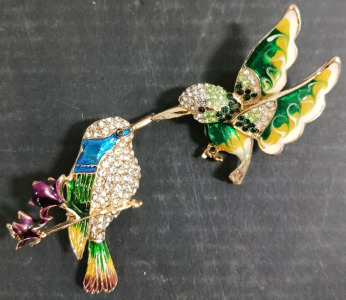 (2) Hummingbird Pins - (1) Green White Hummingbird Pin (1) Colorful Hummingbird on Branch Pin