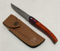 Damascus Steel 4” Blade Folding Knife W/ Leather Belt Sheath