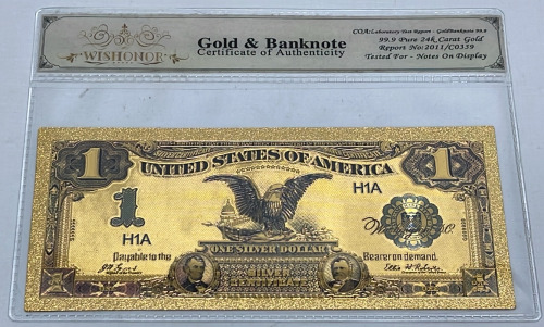 99.9 24k Carat Gold Flake “United States Of America” One Silver Dollar Silver Certificate Banknote W/ C.O.A.