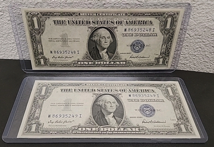 (2) 1935 F $1 Silver Certificates W/ Consecutive Serial Numbers In Protective Cases