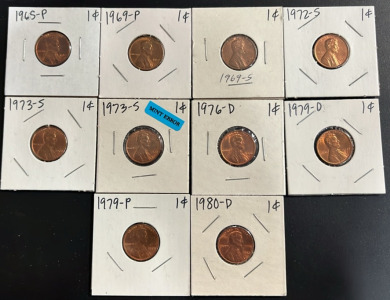 (10) Lincoln Head Pennies Dating Between 1965-1980