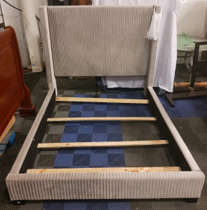 (1) Queen-Size Gray Velvet Bed Frame w/ Hardware Pack - Vertical Pleat Design