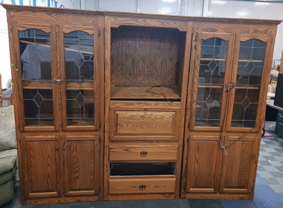 (3) Oak Wall Unit - 109"x19"x84"H - (1) Left Cabinet (1) Center Unit (1) Right Cabinet