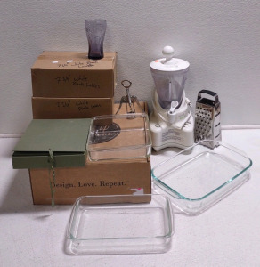 (1) Box of Make it yourself Scrapbooking Stuff, (1) Smaller Green Box of Scrapbooking/Photo Album Stuff, (1) Blender w/ Pouring Spout, (3) Assorted Sized Glass Baking Dishes, & More!!