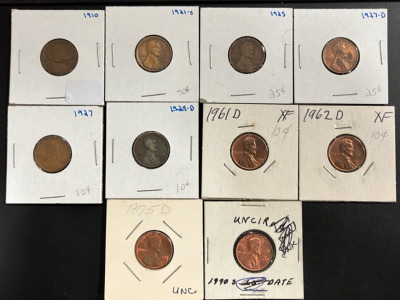 (10) Lincoln Head Pennies Dating Between 1910-1990