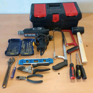 An Assortment of Tools (1) Tool Box (1) Ace Heat Gun