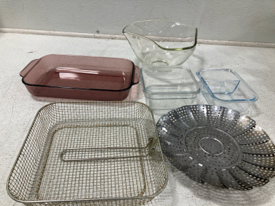 Pyrex 11x7 Glass Dish, Metal Strainer, Frying Net, (2) Clear Glass Square Dishes, Glass Bowl