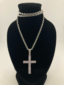 19” Chain With Moissanite Cross Pendant Silver Plated