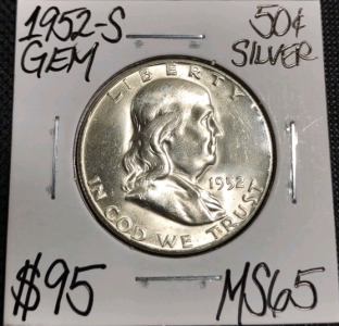 1952-S MS65 Gem Silver Franklin Half Dollar