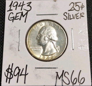 1943 MS66 Gem Silver Washington Quarter Coin